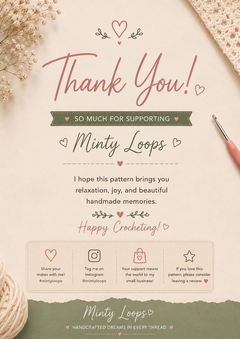 Puede incluir: Una tarjeta de agradecimiento beige con el texto Thank You! SO MUCH FOR SUPPORTING Minty Loops. Incluye instrucciones para compartir creaciones en Instagram, apoyar al peque&ntilde;o negocio y dejar una rese&ntilde;a, con un ganchillo y lana visibles.
