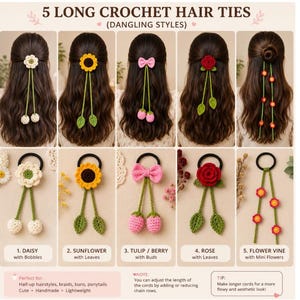 May include: Five long crochet hair ties in dangling styles. Each hair tie features a different floral design: daisy with bobbles, sunflower with leaves, tulip/berry with buds, rose with leaves, and flower vine with mini flowers. Perfect for half-up hairstyles, braids, buns, and ponytails.