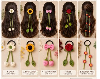 Paquete de lazos para el cabello de ganchillo con flores: margarita, girasol, rosa y lazo (descarga digital).