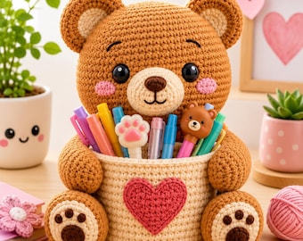 Bear Pencil Holder Crochet Pattern PDF, Amigurumi Desk Organizer, Crochet Kawaii Decor (Instant Download)