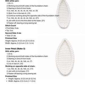 Puede incluir: Una p&aacute;gina de patr&oacute;n de ganchillo titulada Step 1 - Tulip Petals, con instrucciones para p&eacute;talos exteriores e interiores con hilo blanco. A la derecha se muestran dos formas de p&eacute;talos de ganchillo blanco con texto detallado.