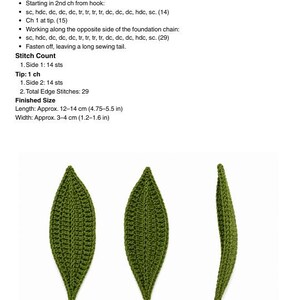 Puede incluir: Una p&aacute;gina de patr&oacute;n de ganchillo titulada Leaf Type A - Wide Long Leaf, con instrucciones para hilo verde, conteo de puntos y tama&ntilde;os terminados de 12-14 cm de largo y 3-4 cm de ancho, con tres im&aacute;genes de hojas verdes tejidas.