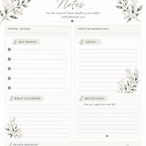 May include: A cream-coloured Sermon Notes page with sections for key points, notes, and reflection. The page includes the text "Let the word of Christ dwell in you richly. COLOSSIANS 3:16" and decorative floral elements.