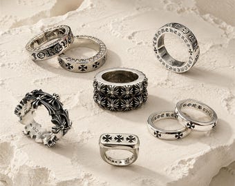CH 925 Sterling Silver Gothic Ring, Vintage Punk Statement Ring, Luxury Rocker Jewelry Gift