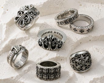 Anillos góticos de plata de ley 925 CH, conjunto de anillos de motociclista con cruz floral, joyería punk de lujo, anillo de banda de plata maciza, regalo para él.