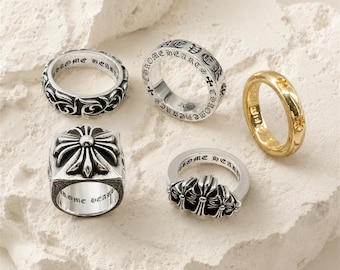 925 Sterling Silber CH Kreuz Bandring, Gothic Floral gravierte Ring, Biker Schmuck, Punk Style Statement Ring