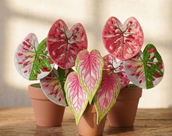 Hand-Embroidered Caladium Potted Plant | 3D Botanical Art | Magnetic Leaves | Faux Desk Decor & Gift for Plant Lovers