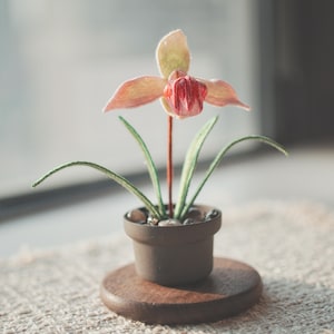 Hand-Embroidered Potted Orchid: Crystal Diffuser, Walnut Base Desk Decor, Fake Flowers for Desk