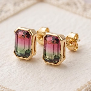 Watermelon Tourmaline Earrings, Emerald Cut Bezel Studs, 14k Gold Gemstone Jewelry, Modern Minimalist Gift, October Birthstone Dangle Studs