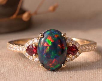 Oval Black Opal Engagement Ring, Vintage Three Stone Promise Ring, Red Garnet Moissanite Gold Band, Alternative Bridal Jewelry for Women Her