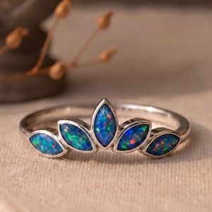 Marquise Black Opal Curved Stacking Ring, 925 Sterling Silver Tiara Nesting Band October Birthstone Vintage Style Bezel Crown Ring for Women