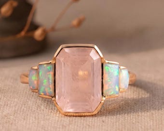 Emerald Rose Quartz & Baguette Opal Ring Bezel Art Deco Geometric Engagement Band Ring October Birthstone Vintage Gold Boho Promise Gift Her
