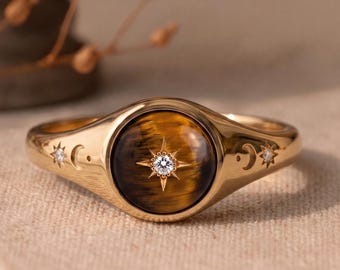 Celestial Tiger Eye Signet Ring, Starburst Moissanite Accent Ring, Moon and Star Gold Band Round Gemstone Vintage Boho Statement Jewelry Her