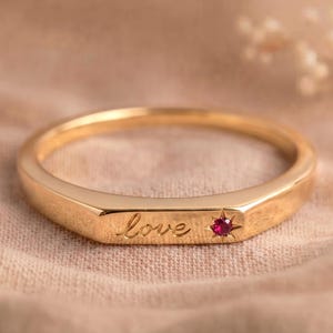 Minimalist Love Ring Ruby Starburst 14k Solid Gold, Engraved Promise Band for Women, July Birthstone Jewelry, Romantic Anniversary Gift