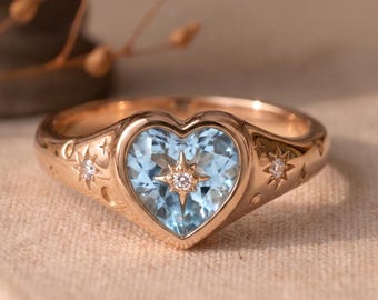 Heart Aquamarine Signet Ring, Vintage Celestial Moissanite Engagement Ring, 14K Gold Plated Silver Promise Ring, Starburst Anniversary Gift