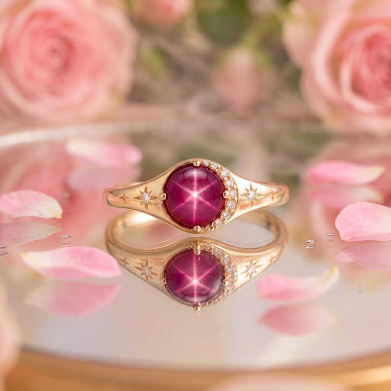Celestial Star Ruby Ring, Lab Created Star Ruby & Moissanite Ring, Art Deco Sunburst Stacking Band, Unique Engagement Ring Fine Gift for Her image 2