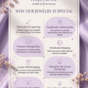 May include: A rectangular informational card with a light purple background featuring the mijoyeroc logo and text detailing jewellery services including personalised engraving, handmade craftsmanship, sterling silver, and hypoallergenic materials.