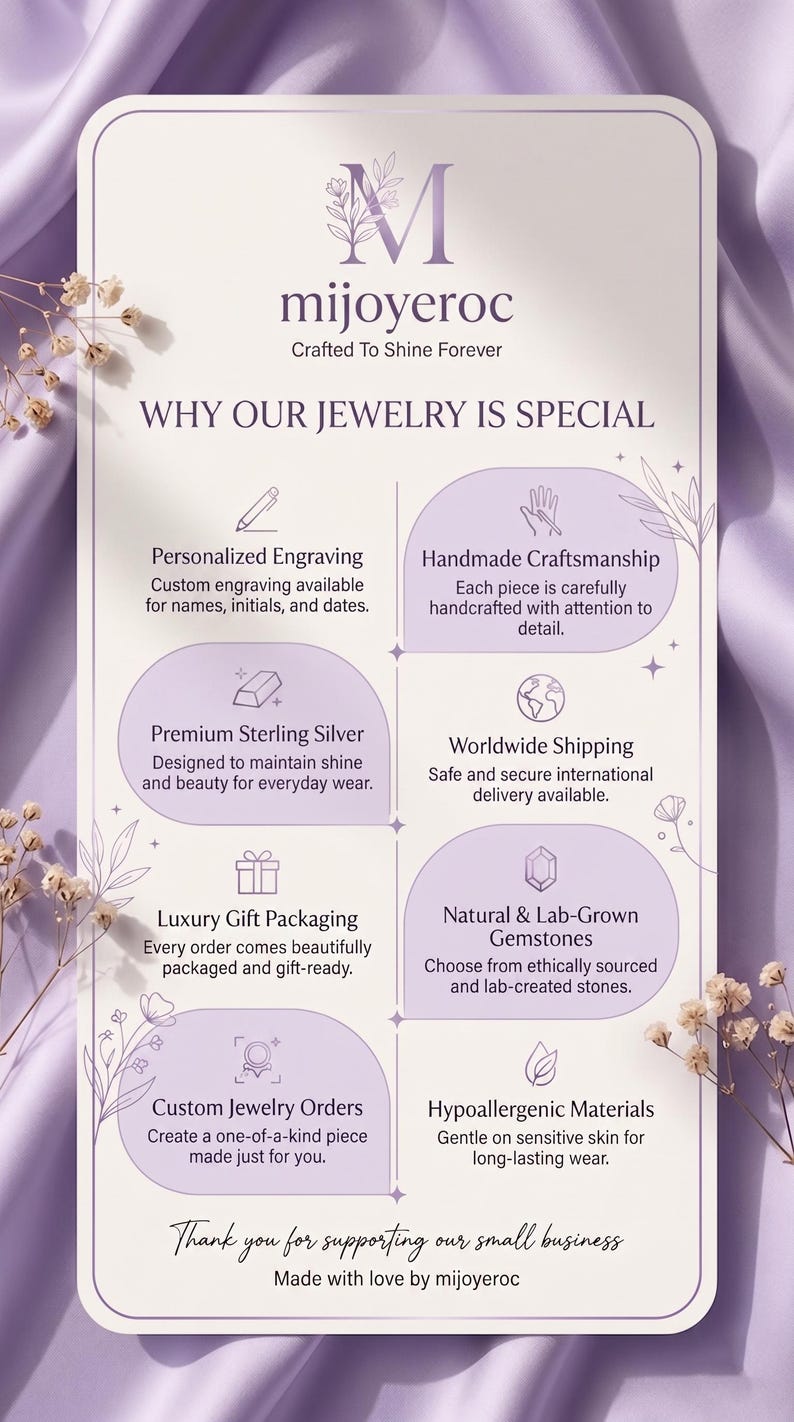 May include: A rectangular informational card with a light purple background featuring the mijoyeroc logo and text detailing jewellery services including personalised engraving, handmade craftsmanship, sterling silver, and hypoallergenic materials.