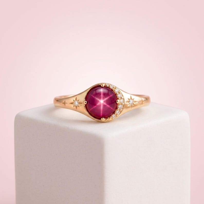 Celestial Star Ruby Ring, Lab Created Star Ruby & Moissanite Ring, Art Deco Sunburst Stacking Band, Unique Engagement Ring Fine Gift for Her image 7