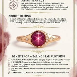 Celestial Star Ruby Ring, Lab Created Star Ruby & Moissanite Ring, Art Deco Sunburst Stacking Band, Unique Engagement Ring Fine Gift for Her image 10