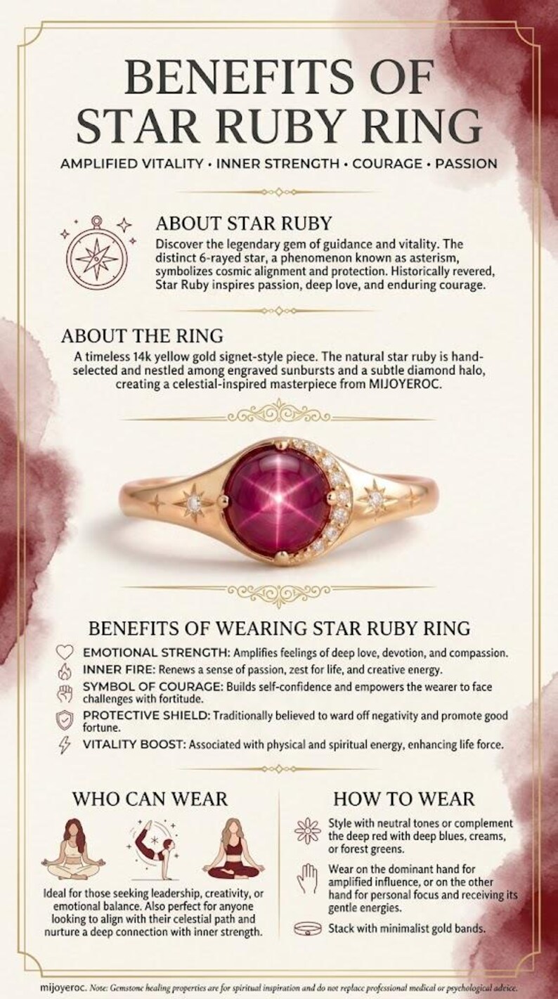 Celestial Star Ruby Ring, Lab Created Star Ruby & Moissanite Ring, Art Deco Sunburst Stacking Band, Unique Engagement Ring Fine Gift for Her image 10