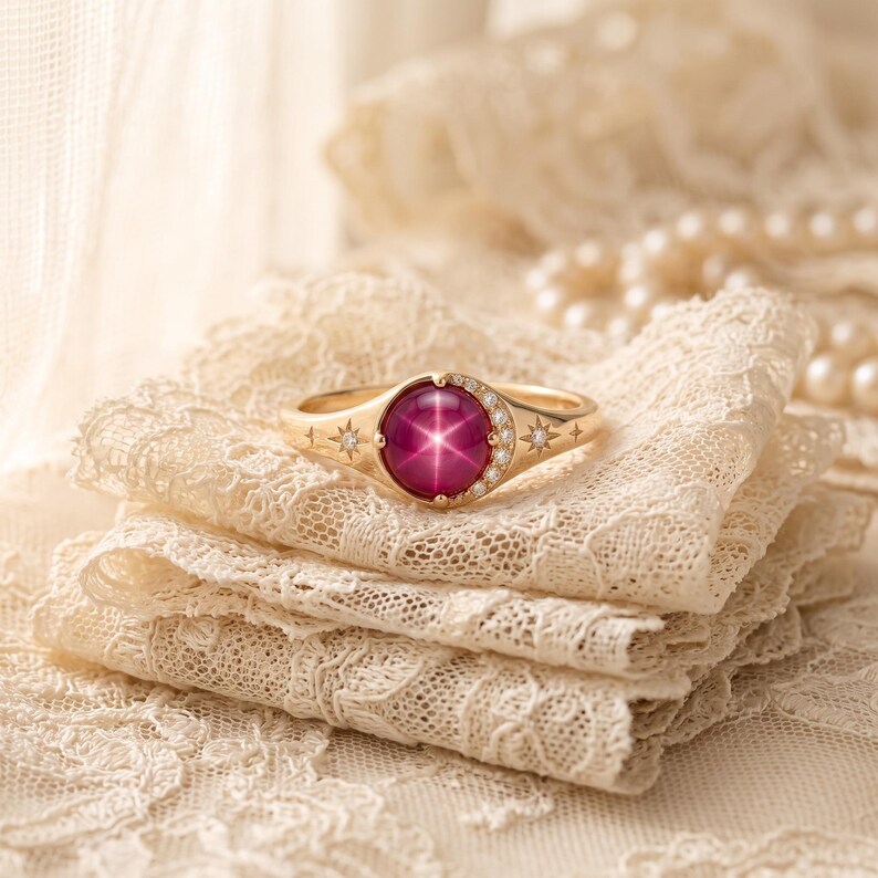 Celestial Star Ruby Ring, Lab Created Star Ruby & Moissanite Ring, Art Deco Sunburst Stacking Band, Unique Engagement Ring Fine Gift for Her image 8