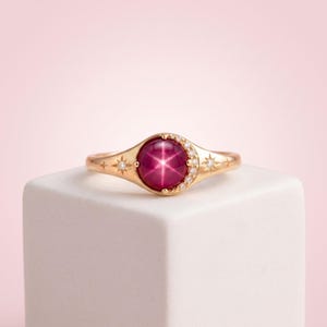 Celestial Star Ruby Ring, Lab Created Star Ruby & Moissanite Ring, Art Deco Sunburst Stacking Band, Unique Engagement Ring Fine Gift for Her image 3