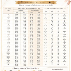 May include: A beige ring size chart by mijoyeroc featuring a table with US ring sizes, diameter and circumference in millimetres and inches, and international sizing for UK, EU, JP, and AU. Includes instructions on how to measure ring size.