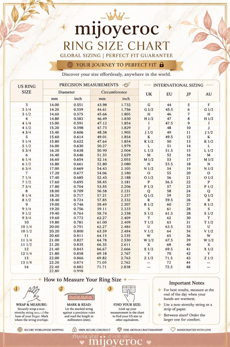 May include: A beige ring size chart by mijoyeroc featuring a table with US ring sizes, diameter and circumference in millimetres and inches, and international sizing for UK, EU, JP, and AU. Includes instructions on how to measure ring size.
