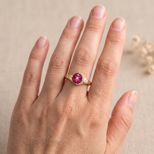 Celestial Star Ruby Ring, Lab Created Star Ruby & Moissanite Ring, Art Deco Sunburst Stacking Band, Unique Engagement Ring Fine Gift for Her image 5