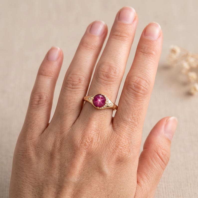 Celestial Star Ruby Ring, Lab Created Star Ruby & Moissanite Ring, Art Deco Sunburst Stacking Band, Unique Engagement Ring Fine Gift for Her image 5