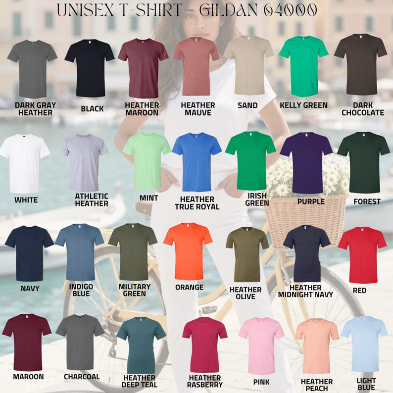 May include: A Gildan 64000 unisex t-shirt color chart displaying 28 different shirt colors arranged in a grid. Each shirt is shown in a short-sleeve crew neck style with labels underneath including Dark Gray Heather, Black, Heather Maroon, Heather Mauve, Sand, Kelly Green, Dark Chocolate, White, Athletic Heather, Mint, Heather True Royal, Irish Green, Purple, Forest, Navy, Indigo Blue, Military Green, Orange, Heather Olive, Heather Midnight Navy, Red, Maroon, Charcoal, Heather Deep Teal, Heather Raspberry, Pink, Heather Peach, and Light Blue.