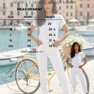 May include: A white Gildan 64000 unisex t-shirt size chart featuring a table with width and length measurements in inches for sizes S through 2XL, including a chest tolerance of +/-1. The text includes UNISEX T-SHIRT GILDAN 64000 and MEASUREMENT.