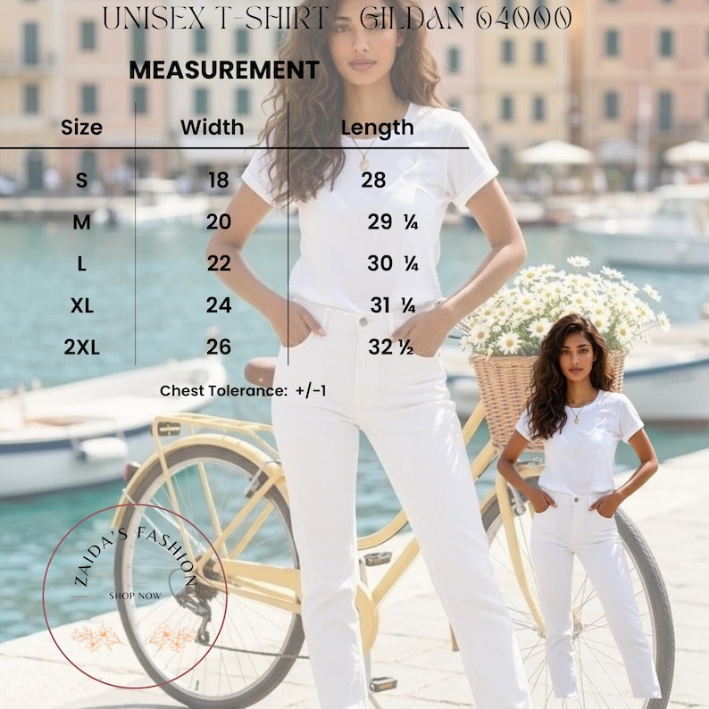 May include: A white Gildan 64000 unisex t-shirt size chart featuring a table with width and length measurements in inches for sizes S through 2XL, including a chest tolerance of +/-1. The text includes UNISEX T-SHIRT GILDAN 64000 and MEASUREMENT.