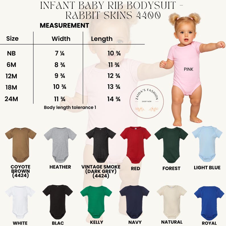 May include: An infant baby rib bodysuit by Rabbit Skins 4400 in various colors including pink, coyote brown, heather, vintage smoke, red, forest, light blue, white, black, kelly, navy, natural, and royal, with a size chart in inches.