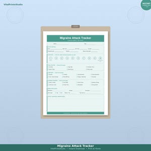 May include: A teal and white migraine attack tracker on a clipboard. The tracker includes sections for attack details, pain level, pain location, symptoms, possible triggers, and medication information. The text "Migraine Attack Tracker" is at the top.