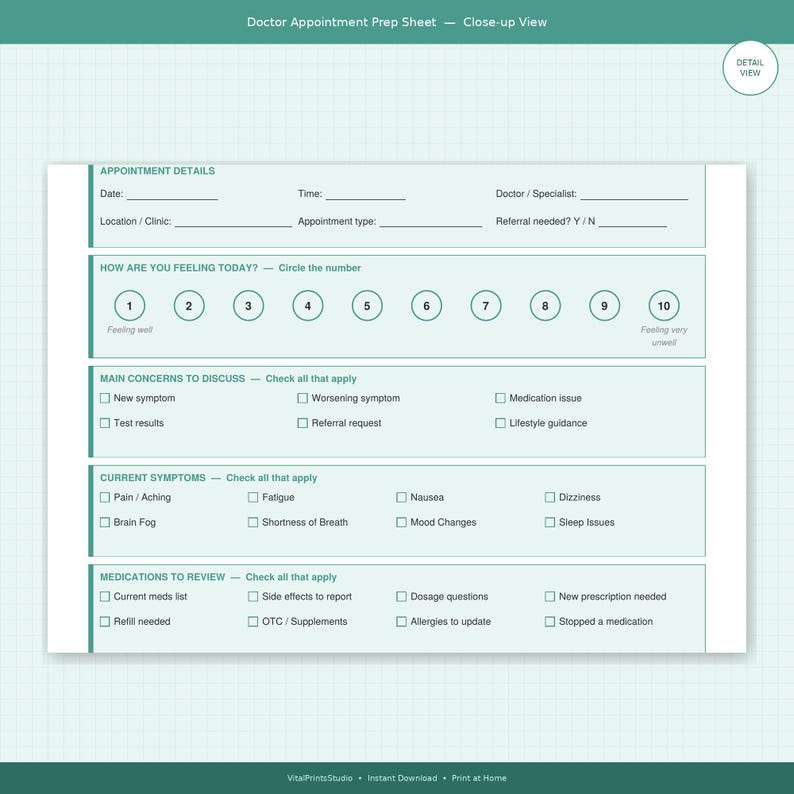 Doctor Appointment Prep Sheet Printable | Medical Visit Planner PDF ...