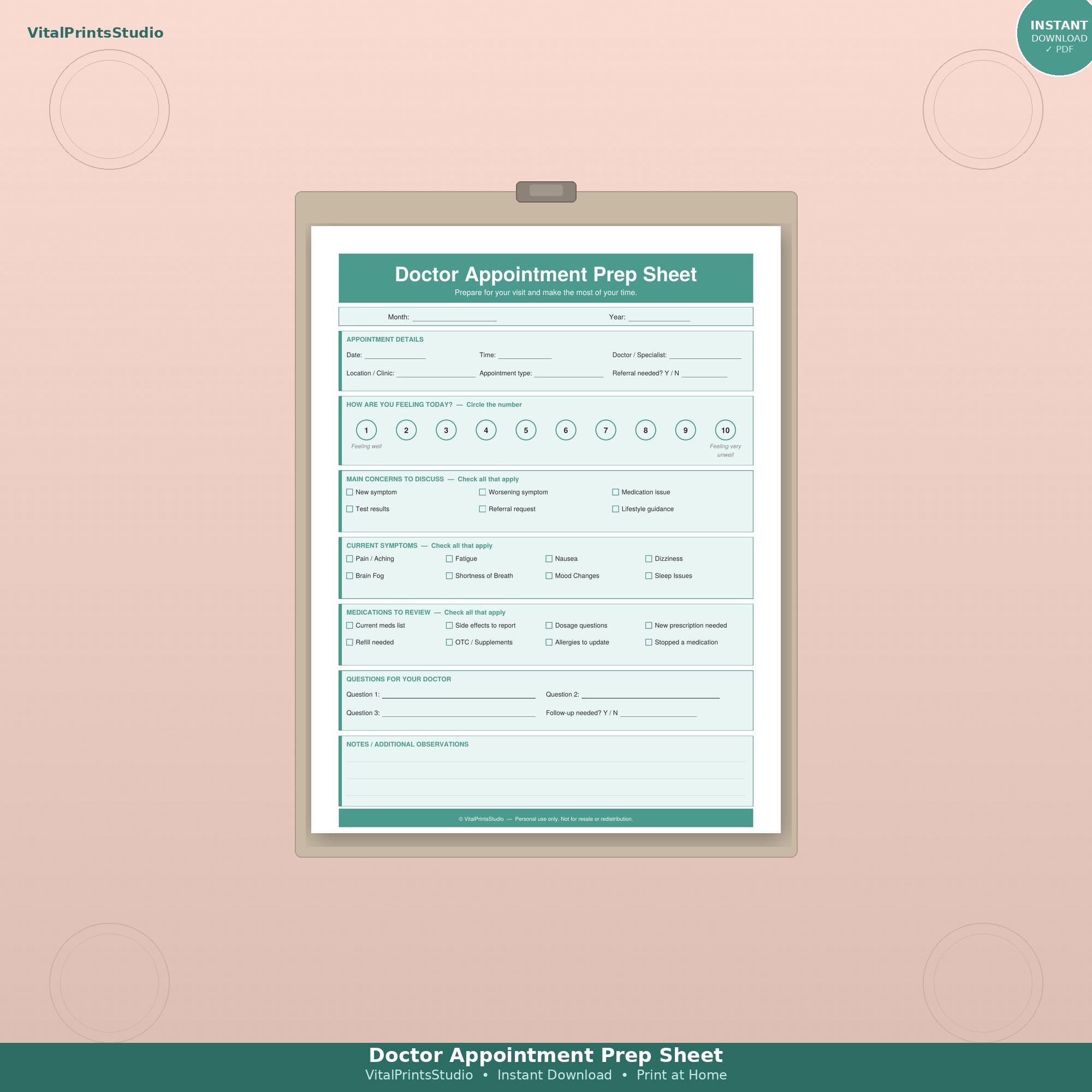 Doctor Appointment Prep Sheet Printable | Medical Visit Planner PDF ...