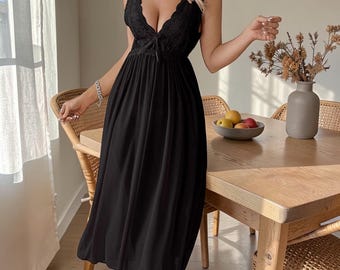 Elegant Women Sleepwear V Neck Lace Nightdress Homewear