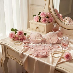 May include: A delicate pink lingerie set with floral embroidery, lace trim, and a matching panty, displayed on a satin surface. The set is accompanied by pink roses, pearl necklaces, and perfume bottles, creating a romantic aesthetic.