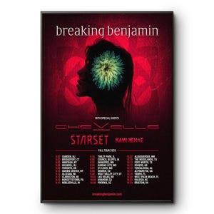 May include: A concert poster for Breaking Benjamin featuring a silhouette of a person with a glowing green flower over their head. The text includes Chevelle, Starset, and Kami Kehe, with a list of Fall Tour 2026 dates and locations in red and white.