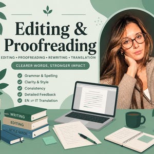 Pode incluir: Um anúncio gráfico de serviços de edição e revisão com o texto Editing & Proofreading, um portátil, uma pilha de livros com as etiquetas Writing, Editing, Style Guide, um caderno, uma caneta e uma pessoa de óculos.
