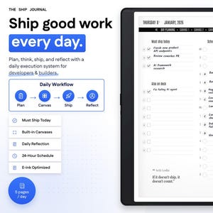 Puede incluir: Una tableta digital que muestra un planificador diario con el texto "Ship good work every day". El planificador incluye secciones para tareas, un horario y un flujo de trabajo diario. Un lápiz óptico está posicionado en el lado derecho.