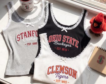 Embroidered Coquette College Tank Top, Lace Trim Custom University Camisole, Ribbed Game Day Shirt, School Spirit Gameday Top for Her