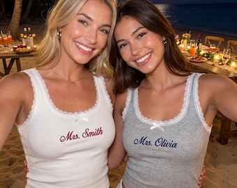 Embroidered Personalized Lace Tank Top, Custom Embroidery Modal Tank Bridal Shower Gift, Engagement Gift Bachelorette Party, New Mrs. Tank