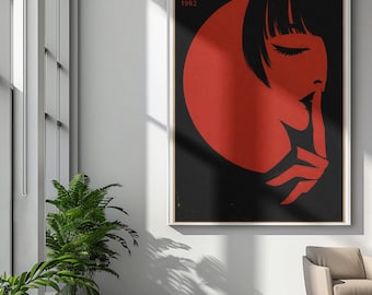 Pôster Silence Moon Girl | Pôster enrolado, texto japonês, minimalista em vermelho e preto