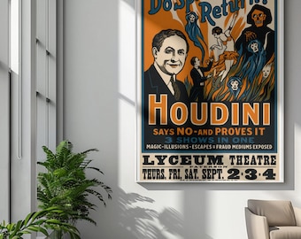 Pôster vintage de Houdini enrolado | Os espíritos retornam? Impressão para show de mágica