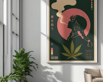 Pôster de Garota Fumegante com Folha de Cannabis Enrolada | Arte de Parede com Estética Vaporwave