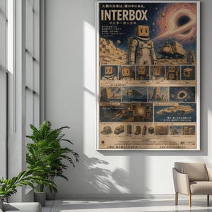 Peut inclure: Une affiche verticale intitulée INTERBOX présentant une illustration centrale d'un personnage à tête de boîte en carton en combinaison spatiale sur une surface lunaire près d'un trou noir, entourée de panneaux de dessins techniques et de texte japonais.