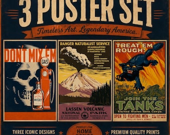 Conjunto de 3 pôsteres vintage americanos | Impressões artísticas retrô de parques nacionais | Pôsteres de viagem de meados do século | Decoração rústica para parede de cabana